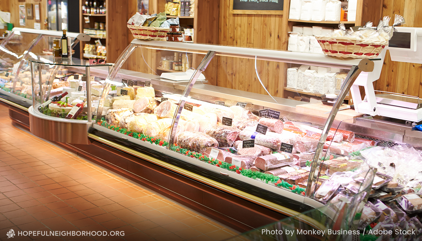 Photo of a glass deli counter at a grocery store